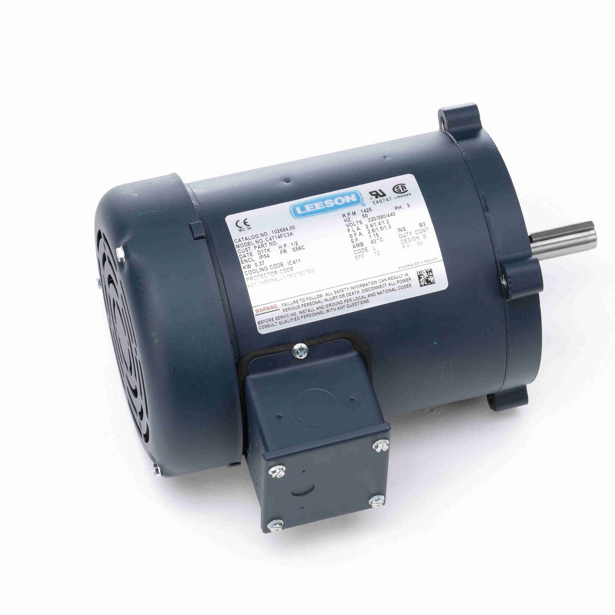 LEESON Special Voltage Motor, 0.50 HP, 3 Ph, 50 Hz, 220/380/440 V, 1500 RPM, S56C Frame, TEFC - 102694.00