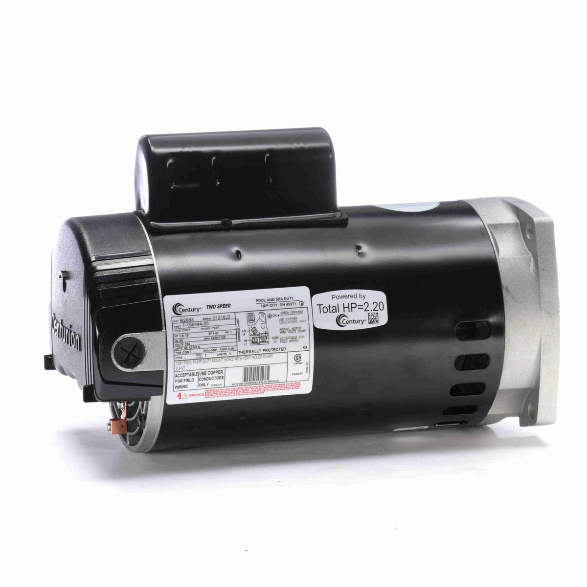 Century Pool Pump Motor, 1.5/.19 HP, 1 Ph, 60 Hz, 230 V, 3600 RPM, Y56Y Frame, ODP - B2983