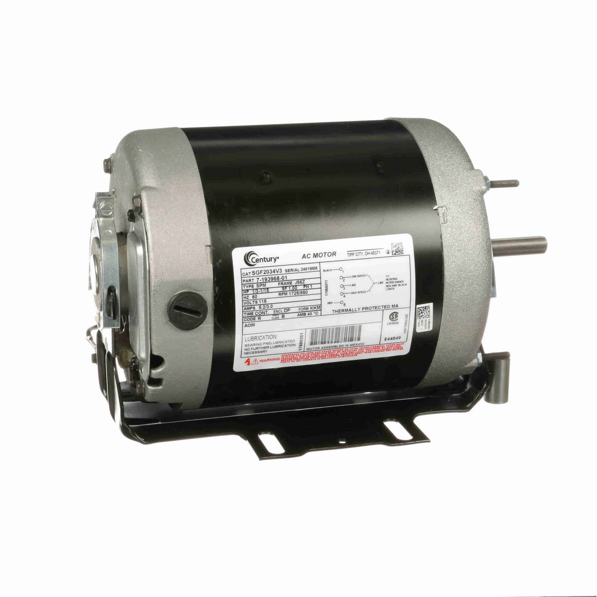 Century Fan and Blower Motor, 1/3-1/15 HP, 1 Ph, 60 Hz, 115 V, 1800 RPM, J56Z Frame, DP - SGF2034V3