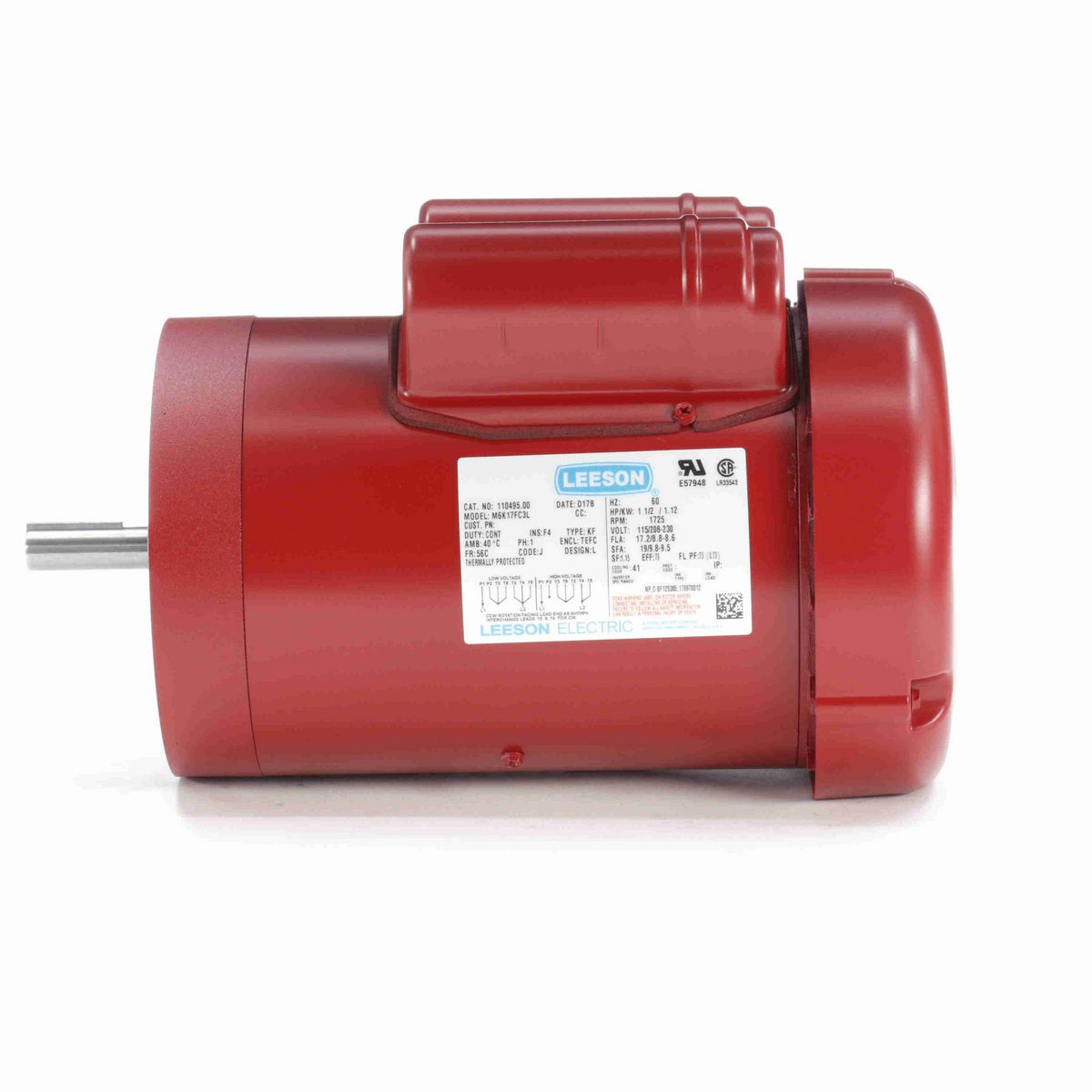 LEESON Agricultural Motor, 1.50 HP, 1 Ph, 60 Hz, 115/230 V, 1800 RPM, 56C Frame, TEFC - 110495.00