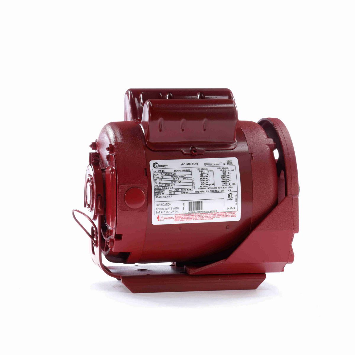 Century Circulator Pump Motor, 1/2 HP, 1 Ph, 60 Hz, 115/208-230 V, 1800 RPM, Y56YZ Frame, ODP - C249