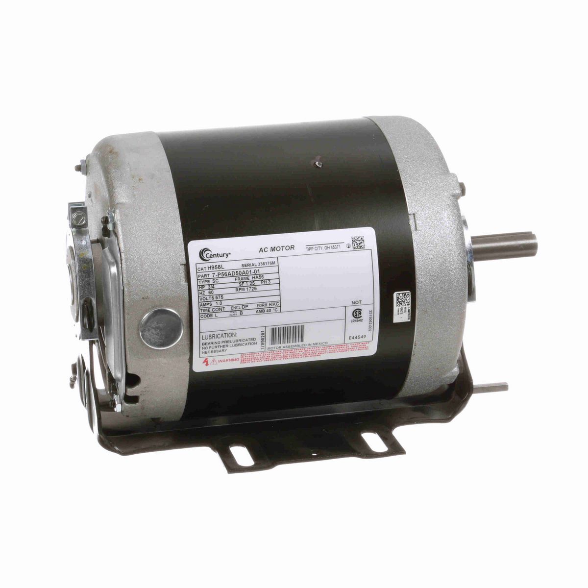 Century General Purpose Motor, 3/4 HP, 3 Ph, 60 Hz, 575 V, 1800 RPM, HA56 Frame, DP - H958L