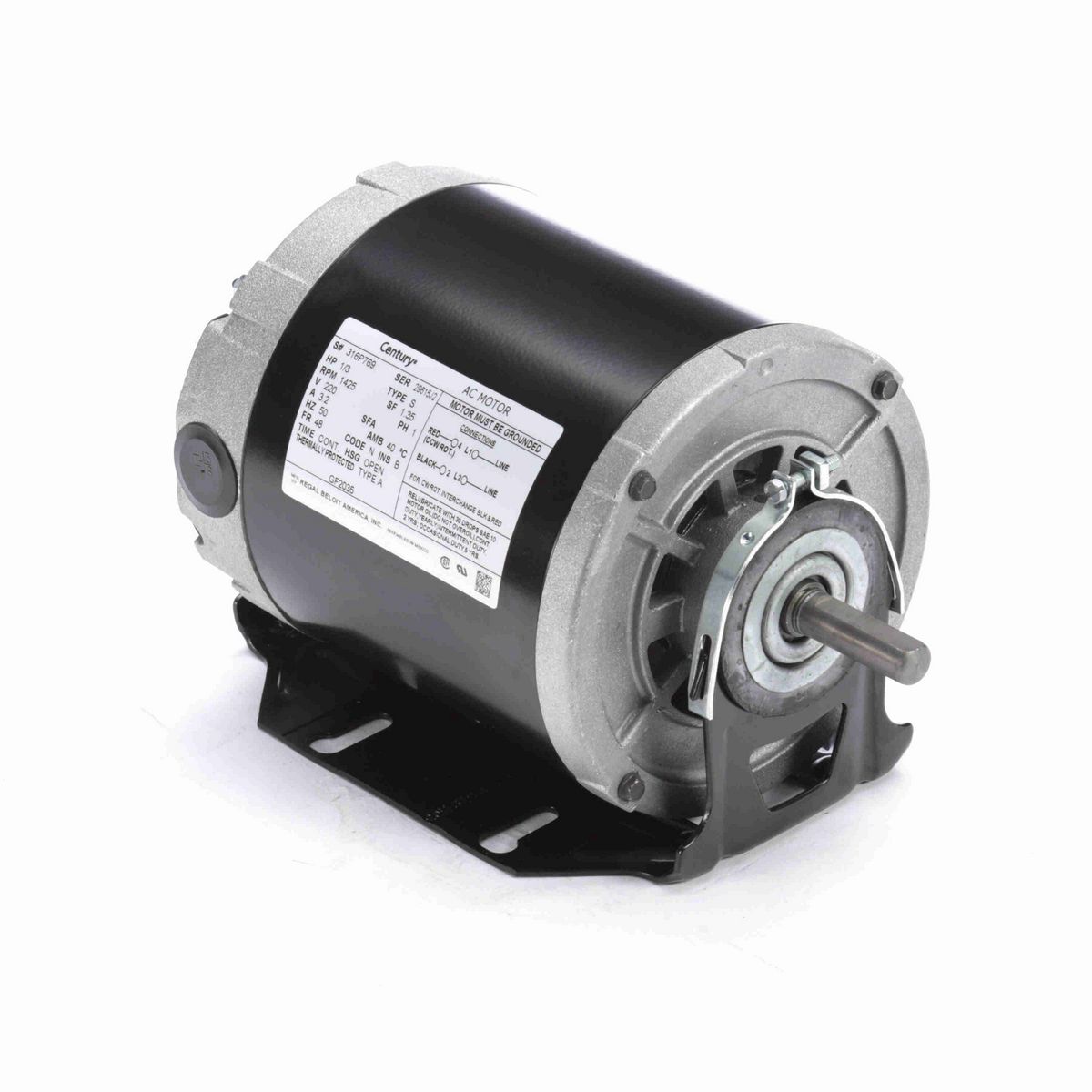 Century Fan and Blower Motor, 1/3 HP, 1 Ph, 50 Hz, 220 V, 1500 RPM, 48 Frame, OPEN - GF2035