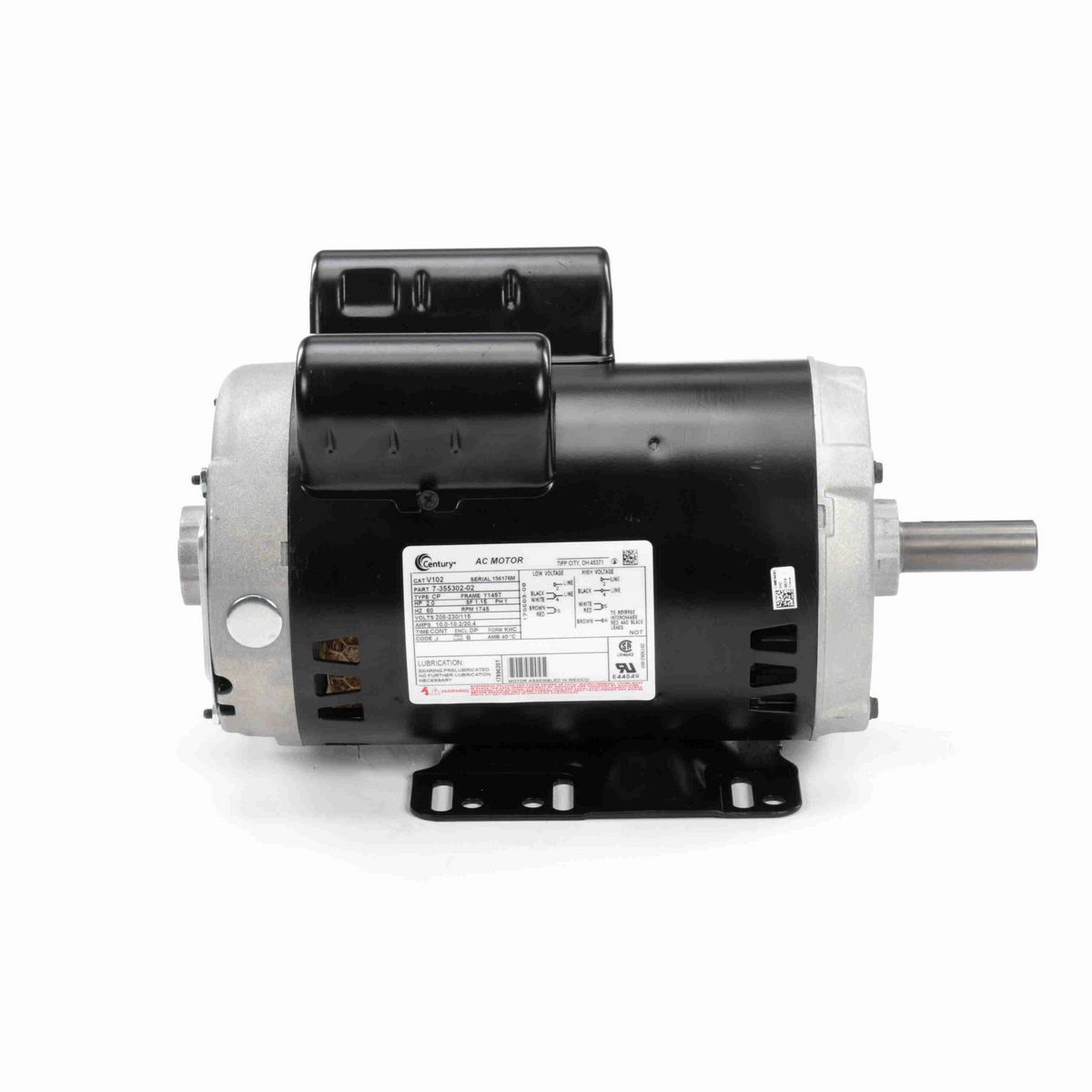 Century General Purpose Motor, 2.0 HP, 1 Ph, 60 Hz, 208-230/115 V, 1800 RPM, Y145T Frame, DP - V102