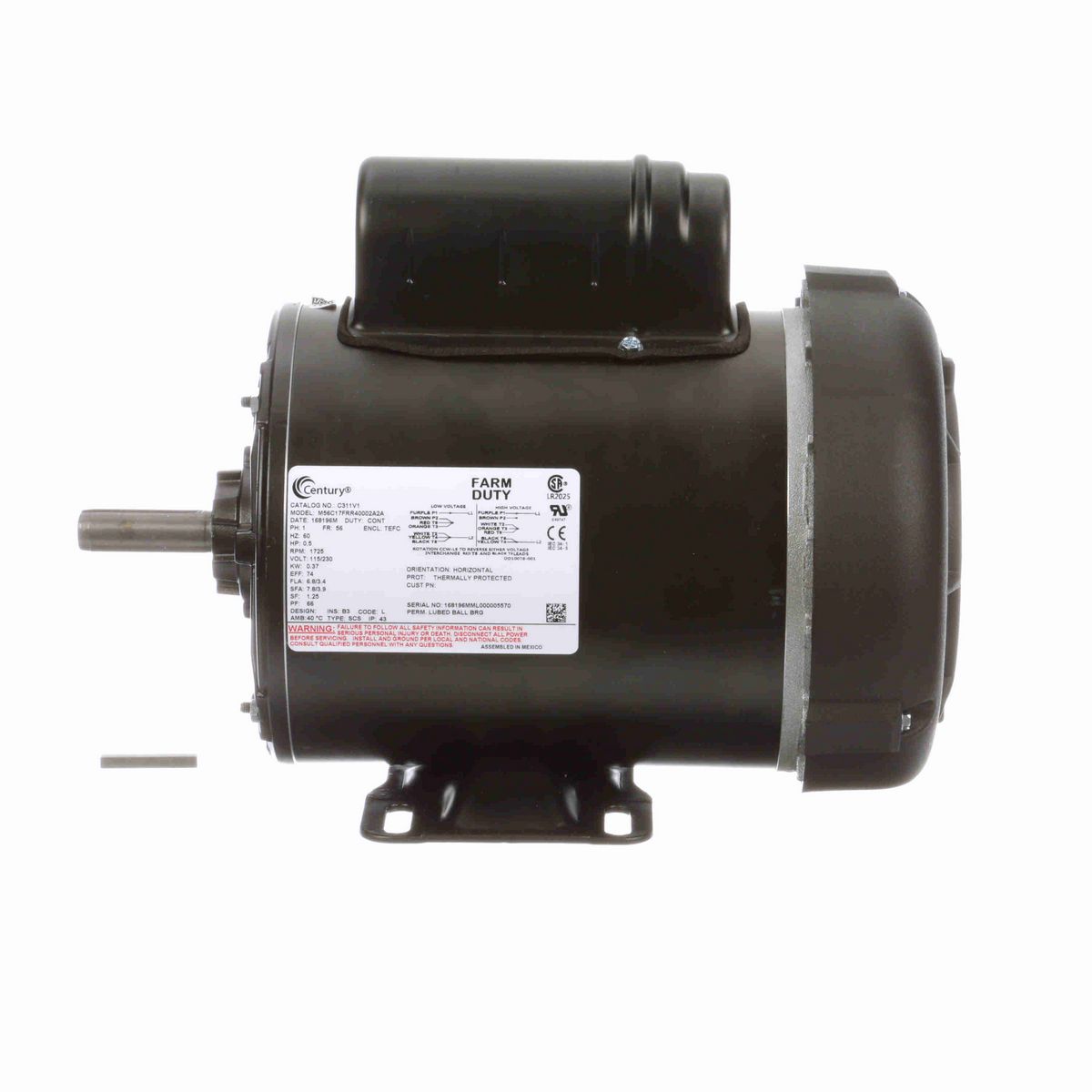 Century General Purpose Farm Duty Motor, 0.5 HP, 1 Ph, 60 Hz, 115/230 V, 1800 RPM, 56 Frame, TEFC - C311V1