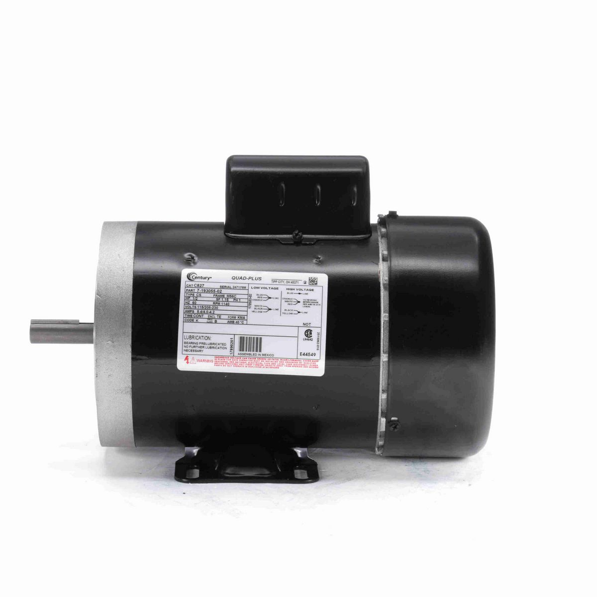 Century General Purpose Motor, 1/2 HP, 1 Ph, 60 Hz, 115/208-230 V, 1200 RPM, M56C Frame, TEFC - C827