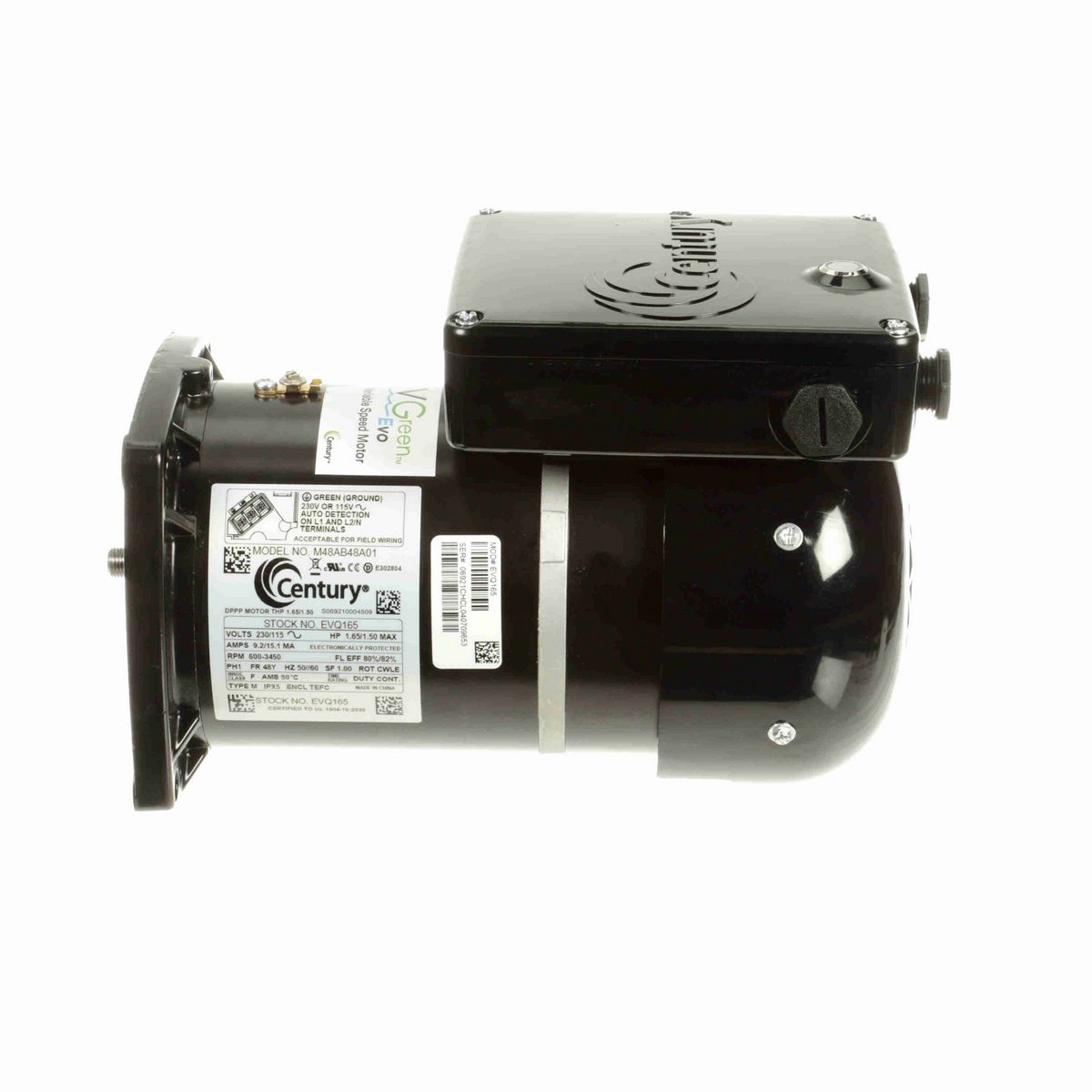 Century VGreen® Variable Speed Motors Pool Pump Motor, 2.25/1.50 HP, 1 Ph, 60 Hz, 230/115 V, 48Y Frame, TEFC - EVQ225