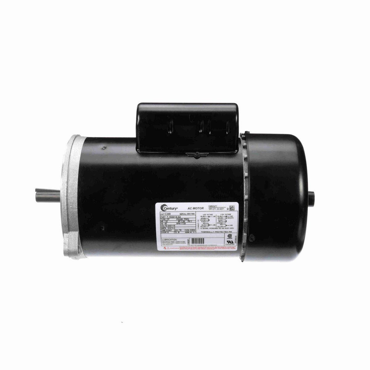 Century Auger Drive Motor, 1.5 HP, 1 Ph, 60 Hz, 230/115 V, 1800 RPM, P56N Frame, TEFC - C340