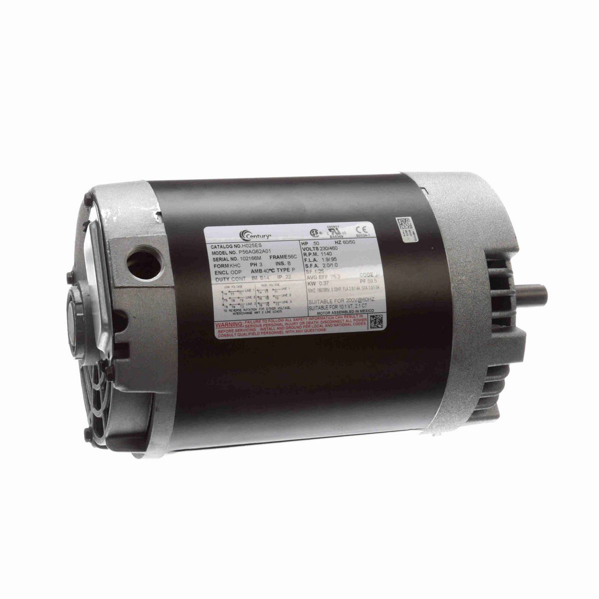 Century General Purpose Motor, .50 HP, 3 Ph, 60 Hz, 230/460 V, 1200 RPM, 56C Frame, ODP - H025ES