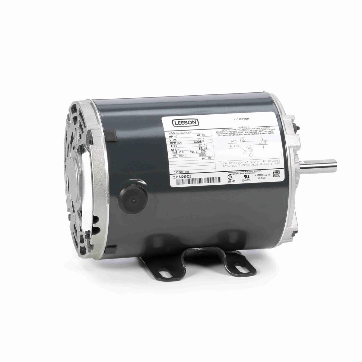 LEESON General Purpose Motor, 0.50 HP, 1 Ph, 60 Hz, 115 V, 1800 RPM, 48 Frame, DP - H696