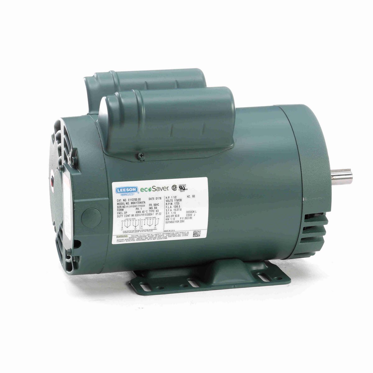 LEESON ecoSaver™ General Purpose Motor, 1.50 HP, 1 Ph, 60 Hz, 115/230 V, 1800 RPM, 56HC Frame, DP - E113700.00