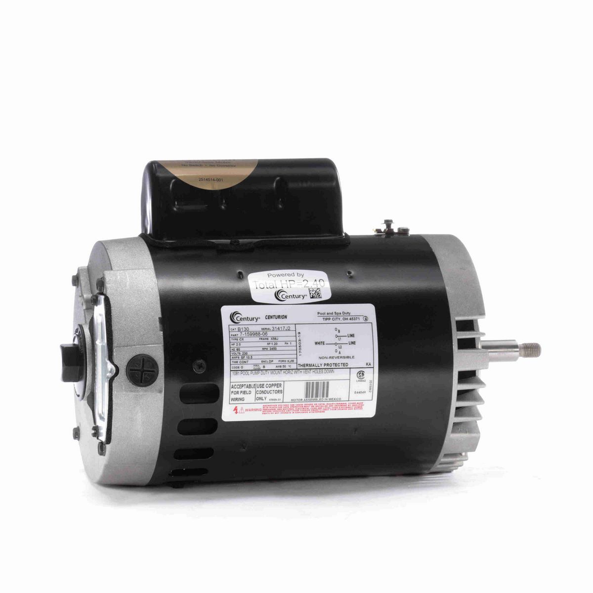 Century Pool Pump Motor, 2.0 HP, 1 Ph, 60 Hz, 230 V, 3600 RPM, X56J Frame, DP - B130