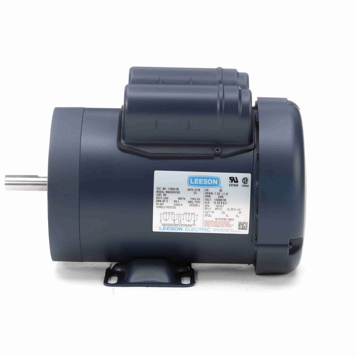 LEESON General Purpose Motor, 1.50 HP, 1 Ph, 60 Hz, 115/230 V, 3600 RPM, 56C Frame, TEFC - 115024.00