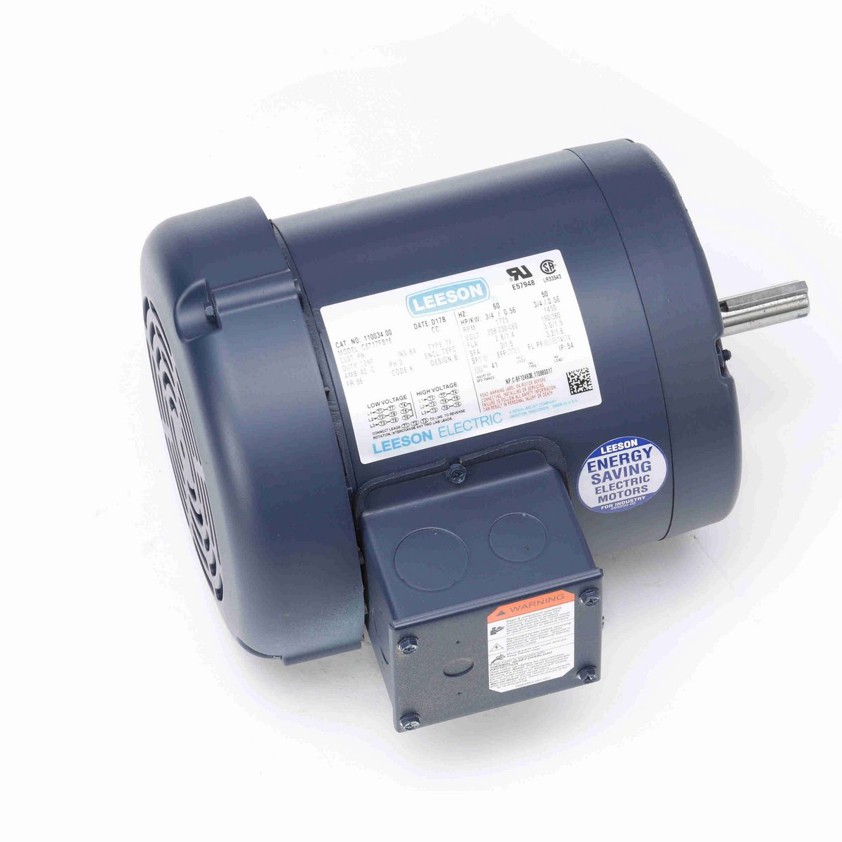 LEESON General Purpose Motor, 0.75 & 0.75 HP, 3 Ph, 60 & 50 Hz, 208-230/460 & 190/380 V, 1800 & 1500 RPM, 56 Frame, TEFC - 110034.00