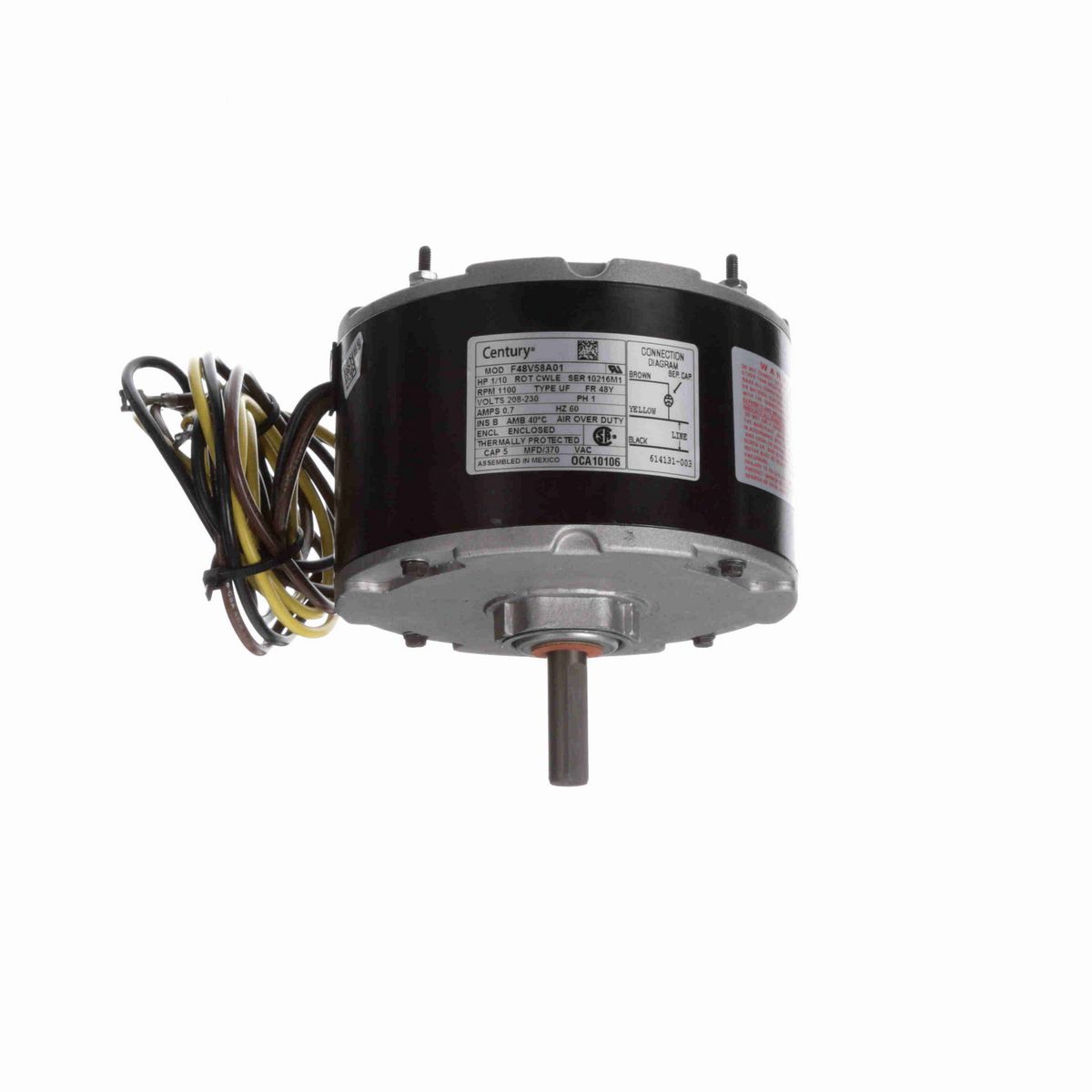 Century OEM Replacement Motor, 1/10 HP, 1 Ph, 60 Hz, 208-230 V, 1100 RPM, 1 Speed, 48 Frame, TEAO - OCA10106