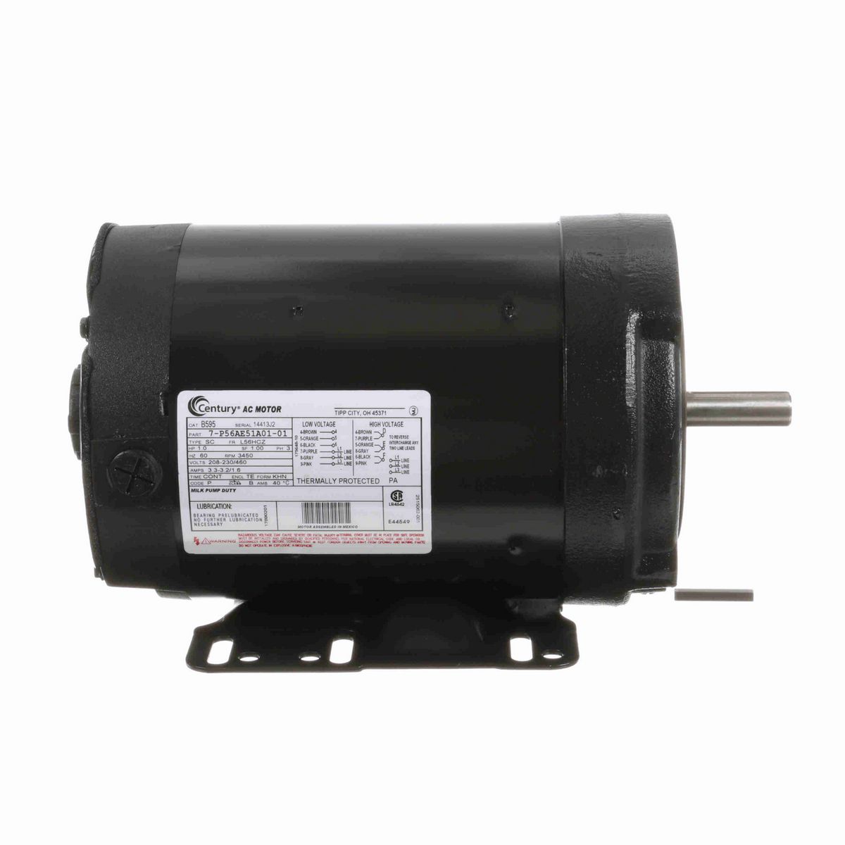 Century General Purpose Farm Duty Motor, 1.0 HP, 3 Ph, 60 Hz, 208-230/460 V, 3600 RPM, L56HCZ Frame, TENV - B595