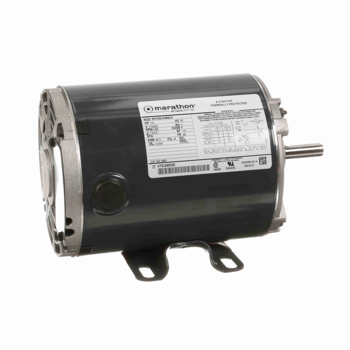 LEESON General Purpose Motor, 0.33 HP, 1 Ph, 50 Hz, 110/220 V, 1500 RPM, 48 Frame, DP - H691