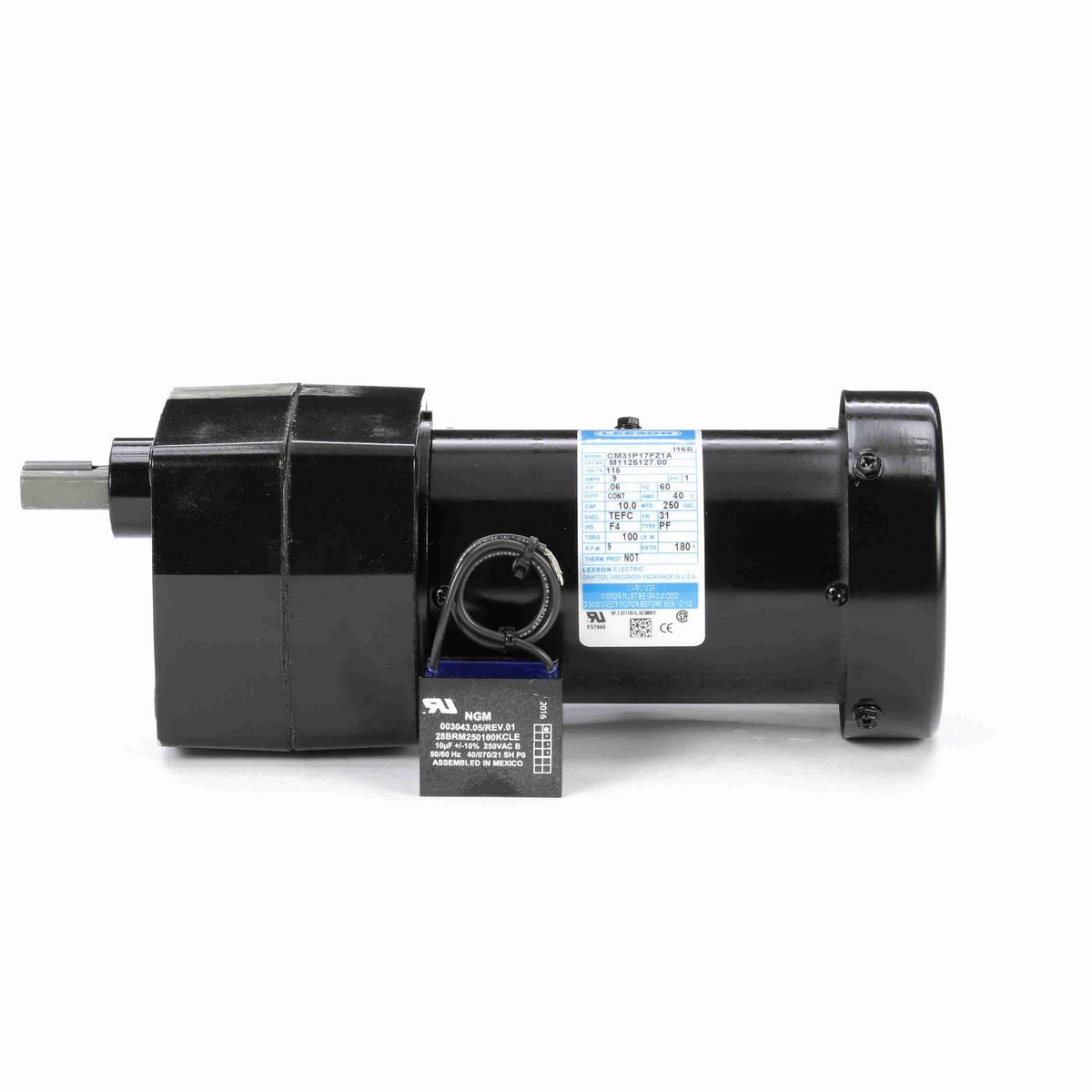 LEESON Parallel Shaft Gearmotor, 0.06 HP, 1 Ph, 60 Hz, 115 V, 9 RPM, 31 Frame, TEFC - M1125127.00