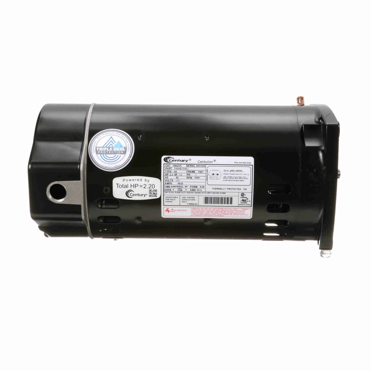 Century Pool Pump Motor, 2.2 HP, 1 Ph, 60 Hz, 230 V, 3600 RPM, Y56Y Frame, DP - HBQ220