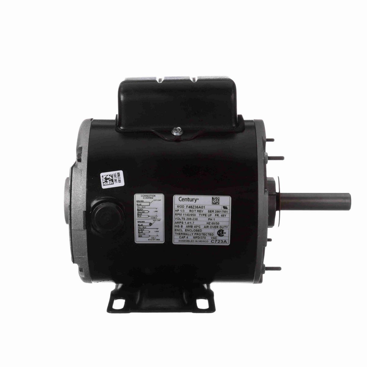 Century Transformer Cooling Fan Motor, 1/3 HP, 1 Ph, 60/50 Hz, 208-230 V, 1140/950 RPM, 2 Speed, 48 Frame, TEAO - C723A