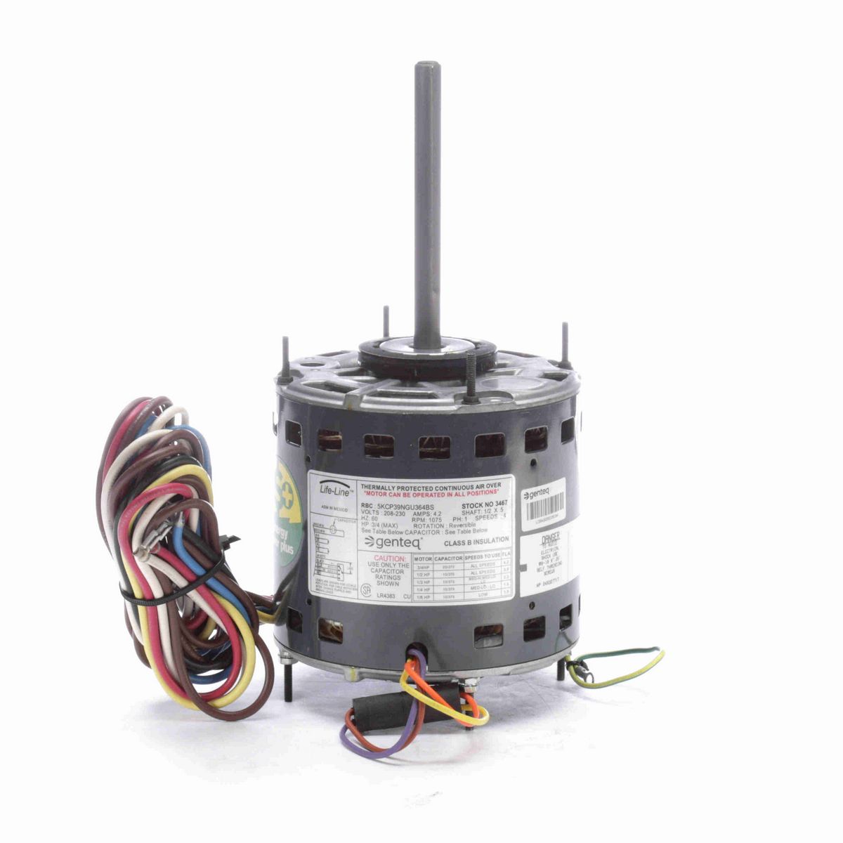 Genteq LIFE-LINE® Fan and Blower Motor, 3/4 HP, 1 Ph, 60 Hz, 208-230 V, 1075 RPM, 4 Speed, 48 Frame, OPAO - 3467