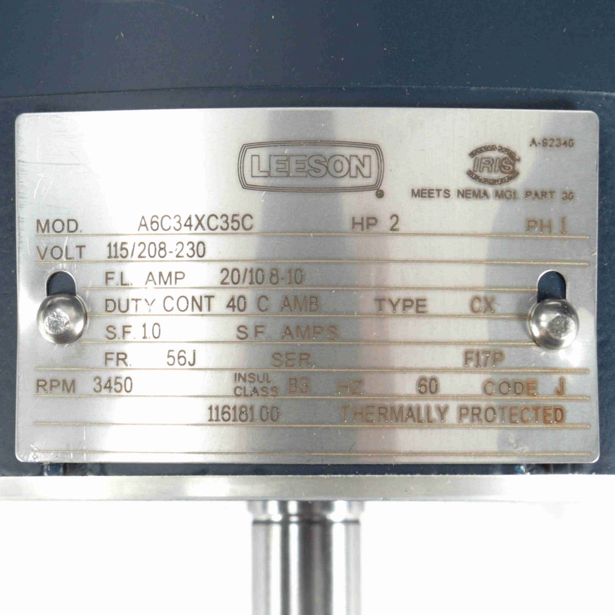 LEESON Explosion Proof Motor, 2 HP, 1 Ph, 60 Hz, 115/208-230 V, 3600 RPM, 56J Frame, EPFC - 116181.00