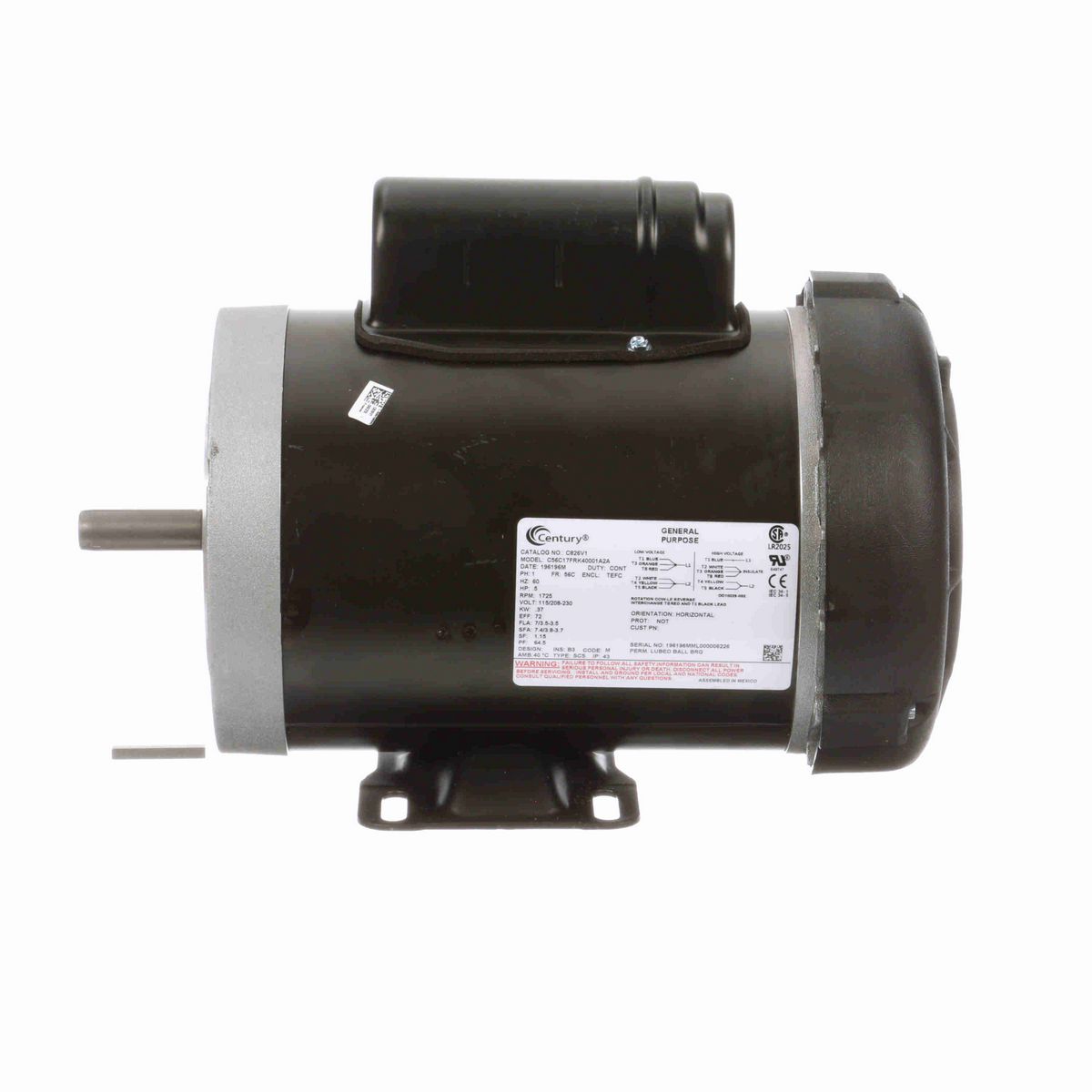Century General Purpose Motor, .5 HP, 1 Ph, 60 Hz, 115/208-230 V, 1800 RPM, 56C Frame, TEFC - C826V1