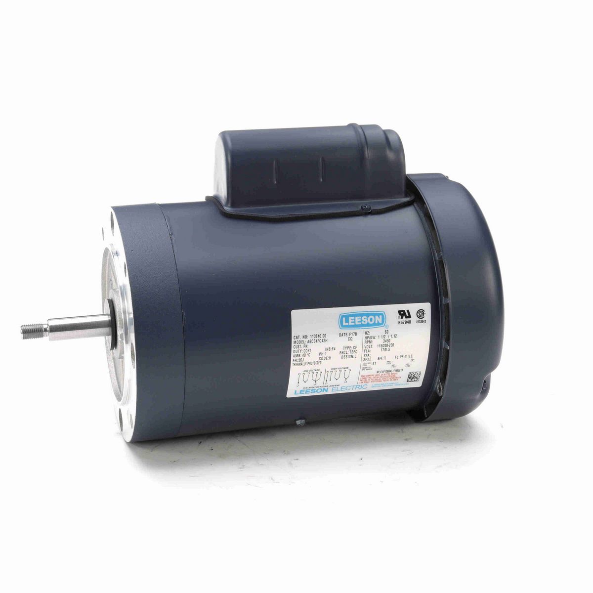 LEESON Jet Pump Motor, 1.50 HP, 1 Ph, 60 Hz, 115/230 V, 3600 RPM, 56J Frame, TEFC - 113640.00