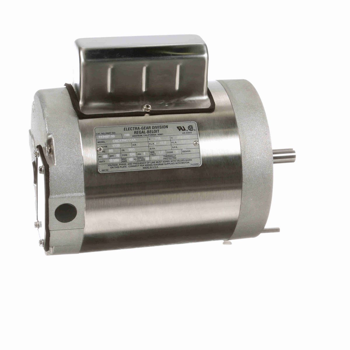 LEESON General Purpose Motor, 1 HP, 1 Ph, 60 Hz, 115/208-230 V, 1800 RPM, 56C Frame, TENV - 117497.00