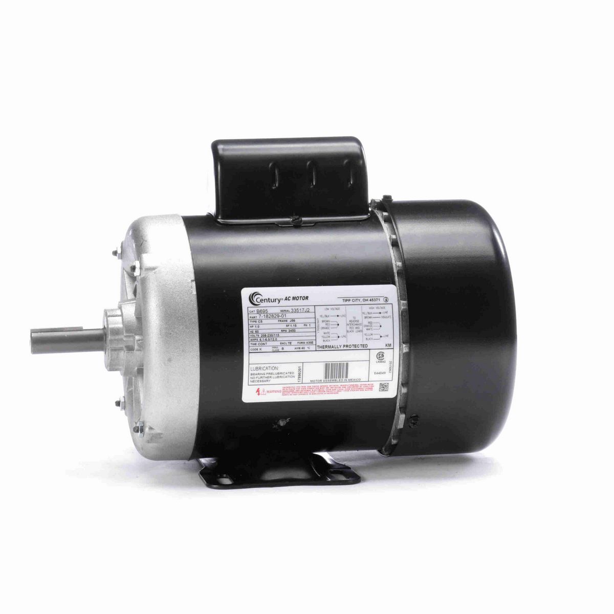 Century General Purpose Motor, 1.0 HP, 1 Ph, 60 Hz, 208-230/115 V, 3600 RPM, J56 Frame, TEFC - B695