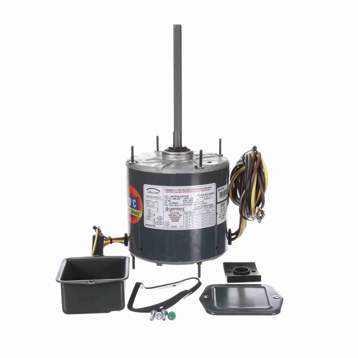 Genteq HEAT SHIELD® Condenser Fan Motor, 1/3-1/6 HP, 1 Ph, 60 Hz, 208-230 V, 1075 RPM, 1 Speed, 48 Frame, CLOSEDAO - 3458HS