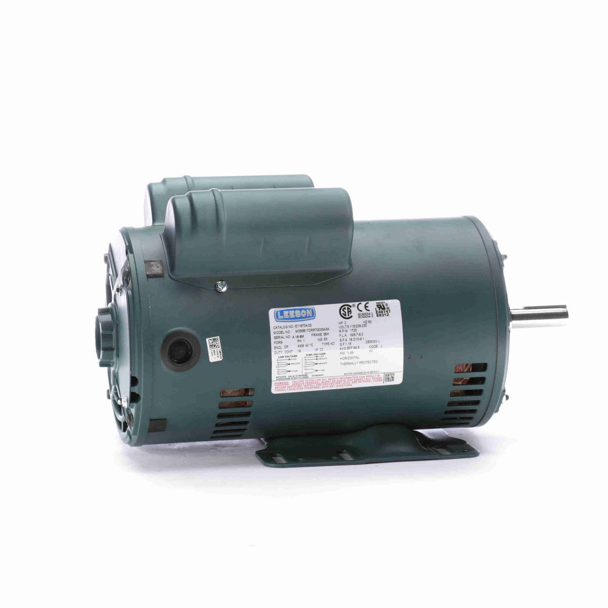 LEESON ecoSaver™ General Purpose Motor, 2 HP, 1 Ph, 60 Hz, 115/208-230 V, 1800 RPM, 56H Frame, DP - E116704.00