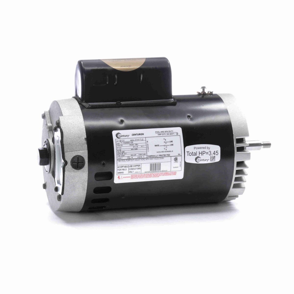 Century Pool Pump Motor, 3.0 HP, 1 Ph, 60 Hz, 230 V, 3600 RPM, Y56J Frame, DP - B131