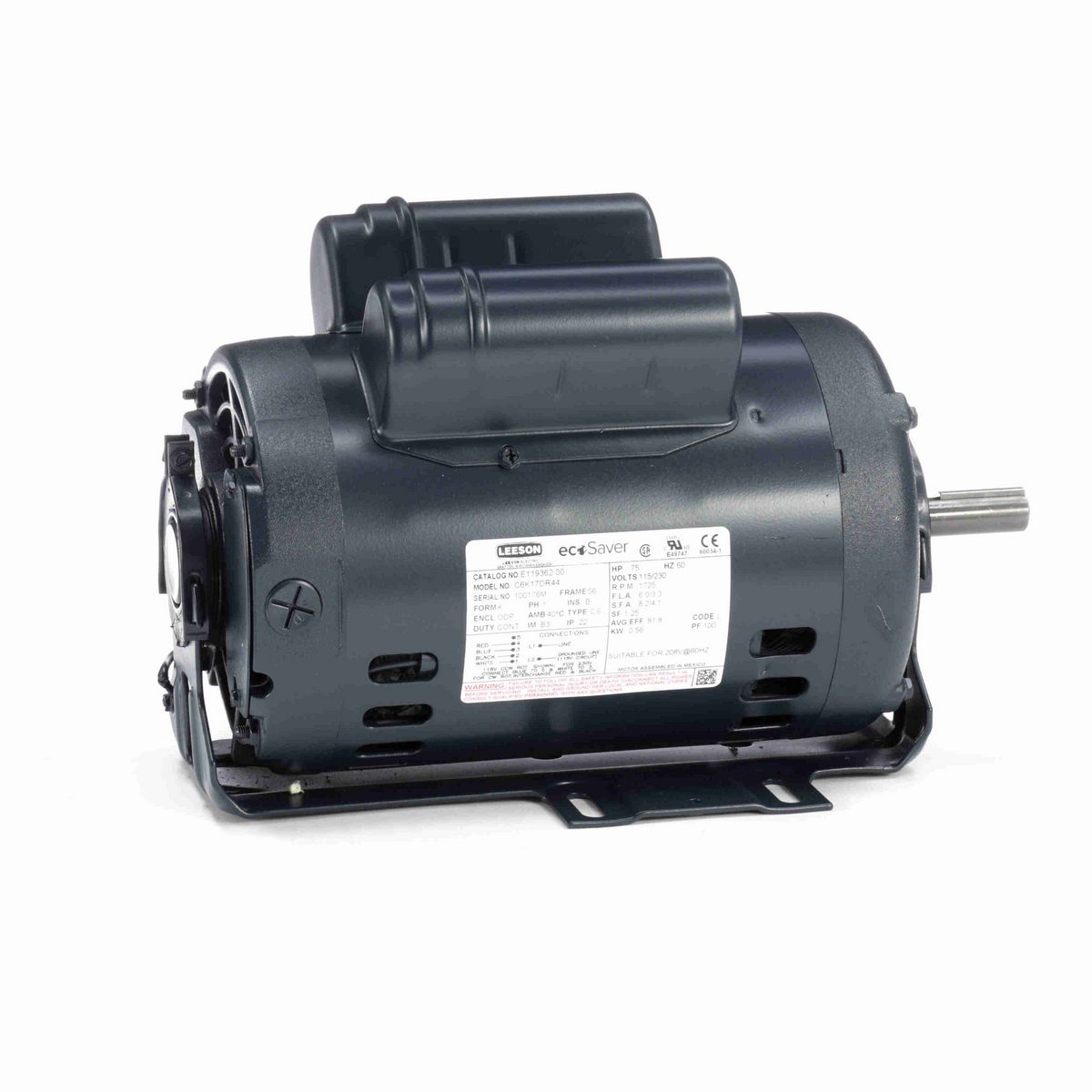 LEESON ecoSaver™ General Purpose Motor, 0.75 HP, 1 Ph, 60 Hz, 115/230 V, 1800 RPM, 56 Frame, DP - E119362.00