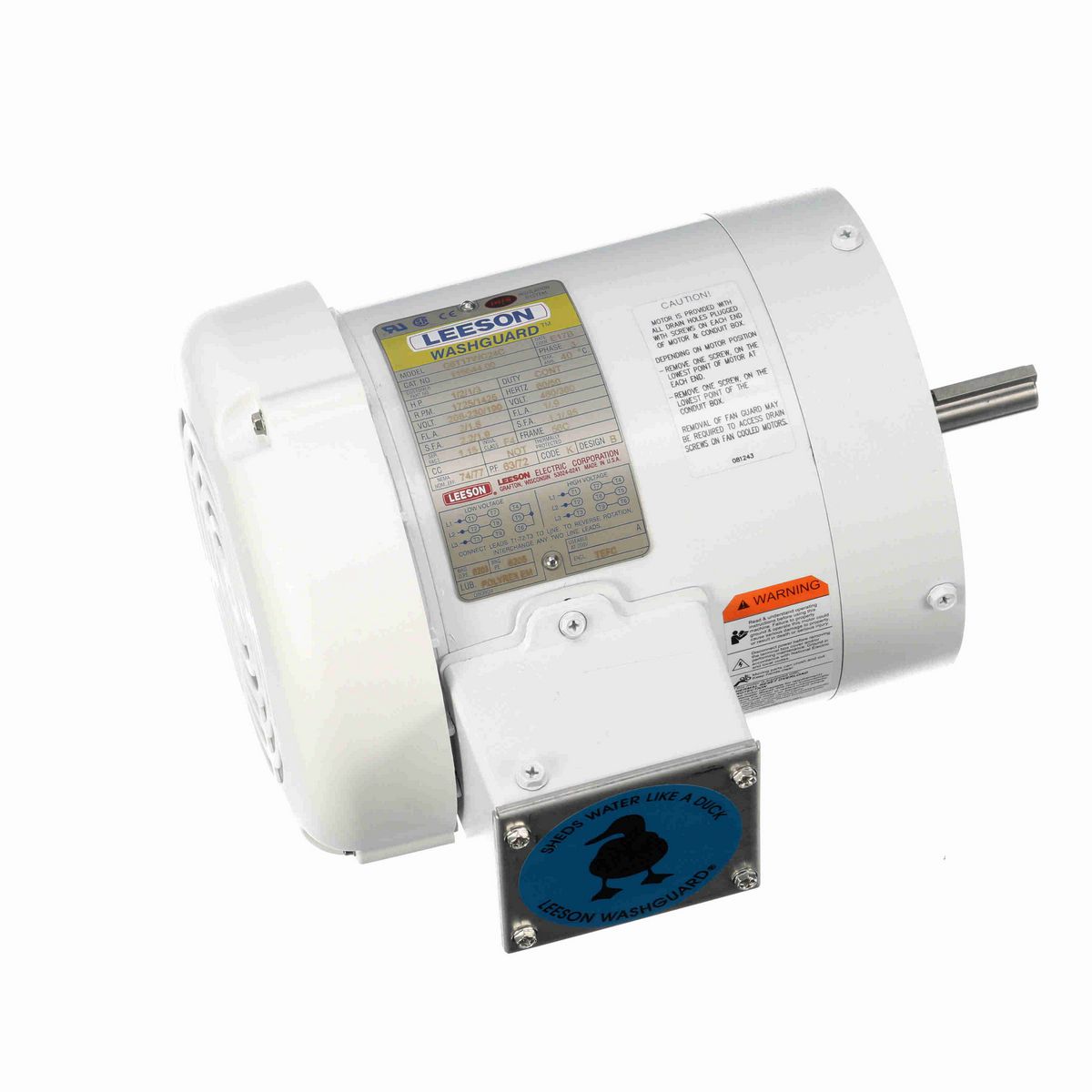 LEESON White Duck™ General Purpose Motor, 0.50 & 0.33 HP, 3 Ph, 60 & 50 Hz, 230/460 & 190/380 V, 1800 & 1500 RPM, 56C Frame, TEFC - 116644.00