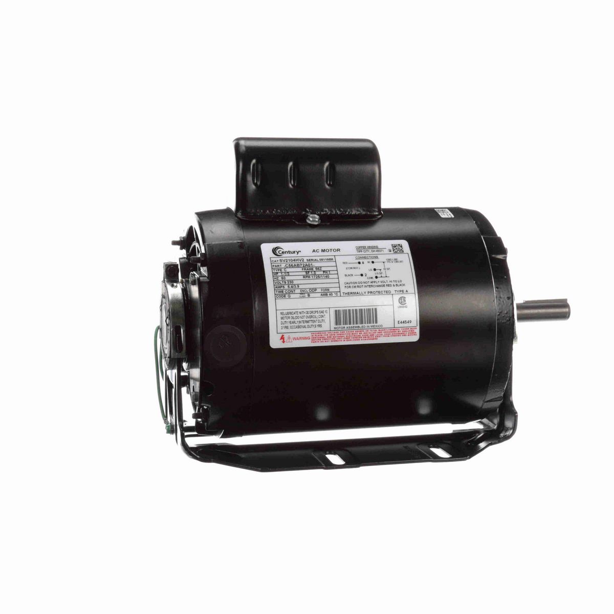 Century Refrigeration Motor, 1-1/3 HP, 1 Ph, 60 Hz, 230 V, 1800 RPM, 56Z Frame, ODP - SV2104HV2