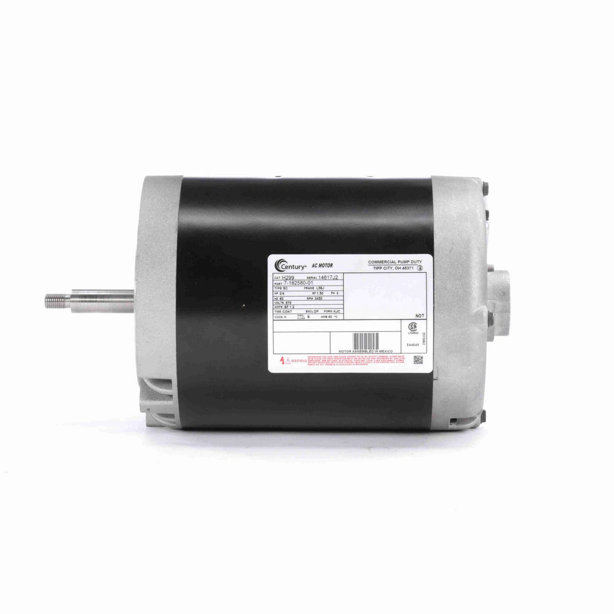Century General Purpose Pump Motor, 3/4 HP, 3 Ph, 60 Hz, 575 V, 3600 RPM, L56J Frame, DP - H299