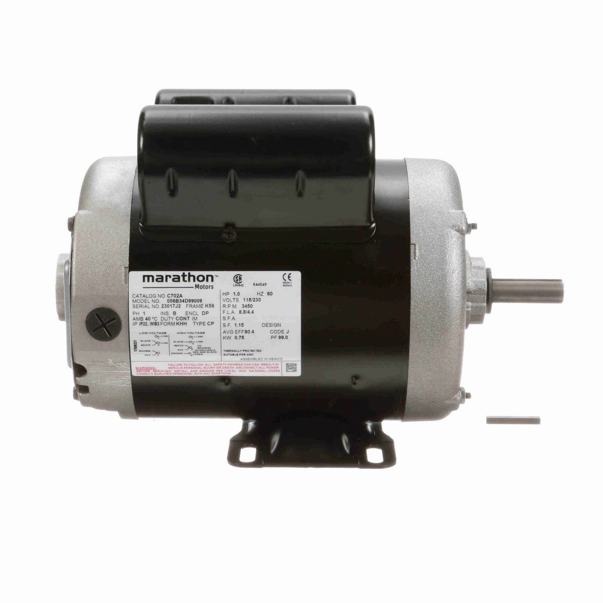 LEESON General Purpose Motor, 1 HP, 1 Ph, 60 Hz, 115/230 V, 3600 RPM, 56 Frame, DP - C702A