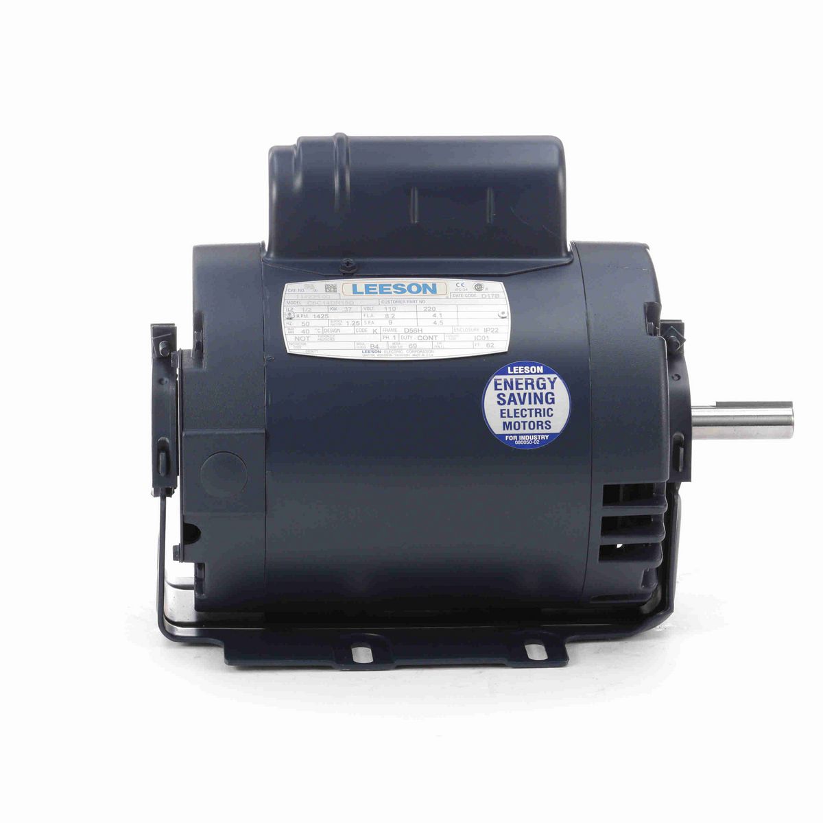 LEESON Special Voltage Motor, 0.50 HP, 1 Ph, 50 Hz, 110/220 V, 1500 RPM, 56H Frame, DP - 114225.00