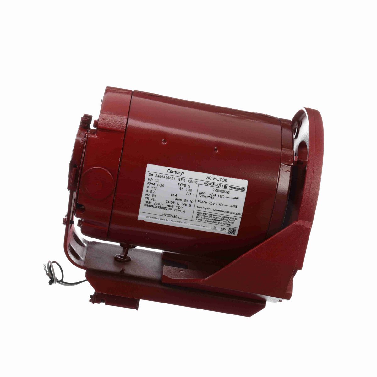 Century Circulator Pump Motor, 1/3 HP, 1 Ph, 60 Hz, 115 V, 1800 RPM, 48Z Frame, ODP - HW2034BL