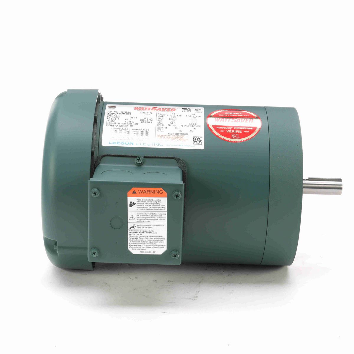 LEESON General Purpose Motor, 1.50 & 1.50 HP, 3 Ph, 60 & 50 Hz, 230/460 & 190/380 V, 3600 & 3000 RPM, 56C Frame, TEFC - 116750.00