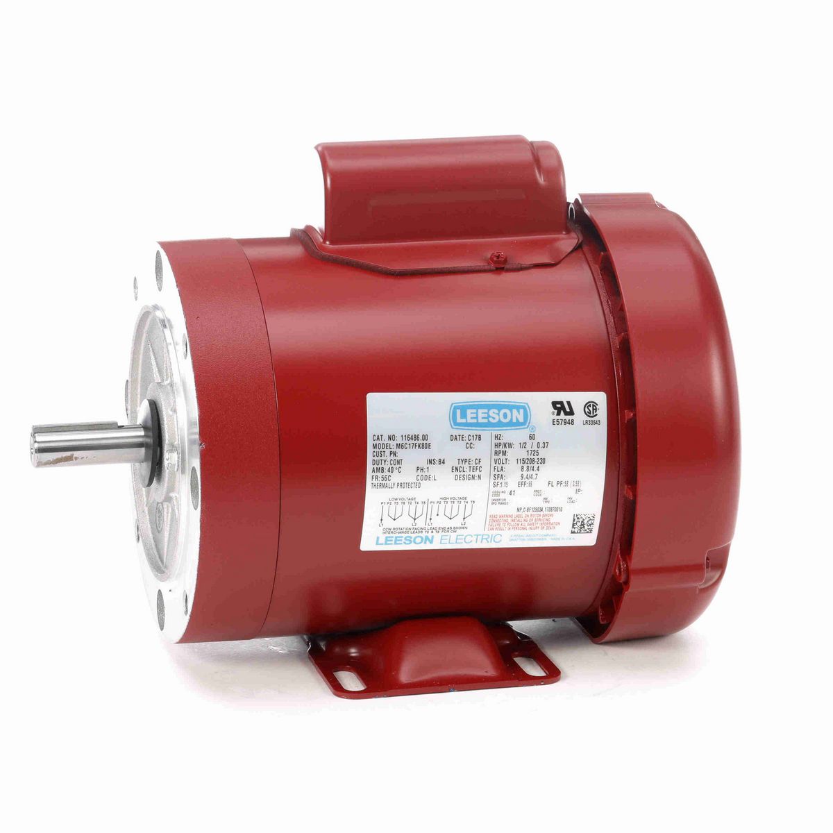LEESON General Purpose Motor, 0.50 HP, 1 Ph, 60 Hz, 115/230 V, 1800 RPM, 56C Frame, TEFC - 116486.00