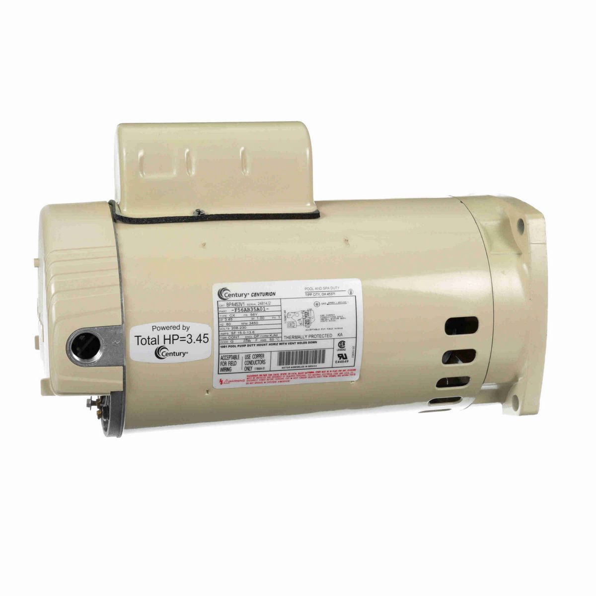 Century Pool Pump Motor, 3.45 HP, 1 Ph, 60 Hz, 208-230 V, 3600 RPM, 56Y Frame, DP - BPA453V1