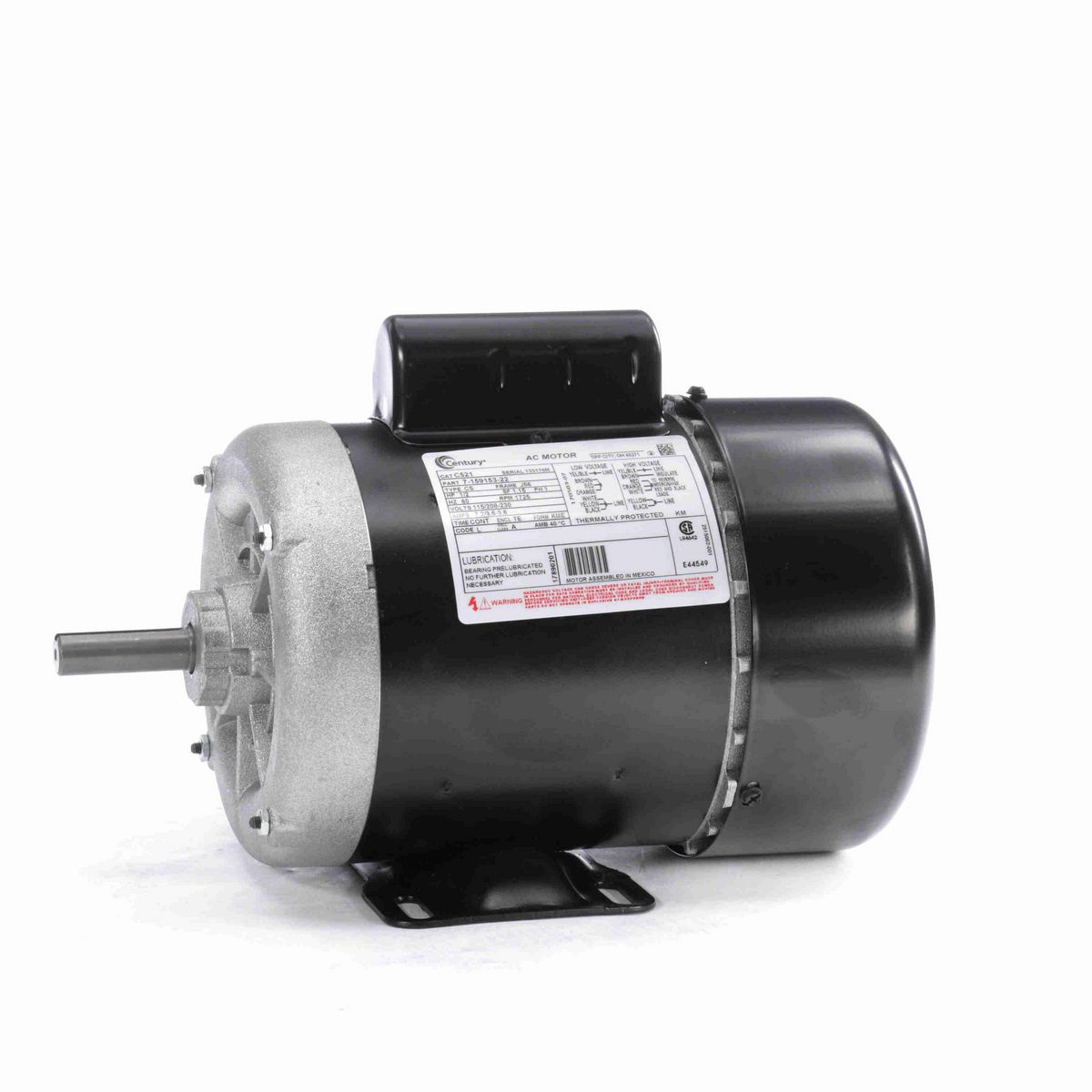 Century General Purpose Farm Duty Motor, 1/2 HP, 1 Ph, 60 Hz, 115/208-230 V, 1800 RPM, J56 Frame, TEFC - C521