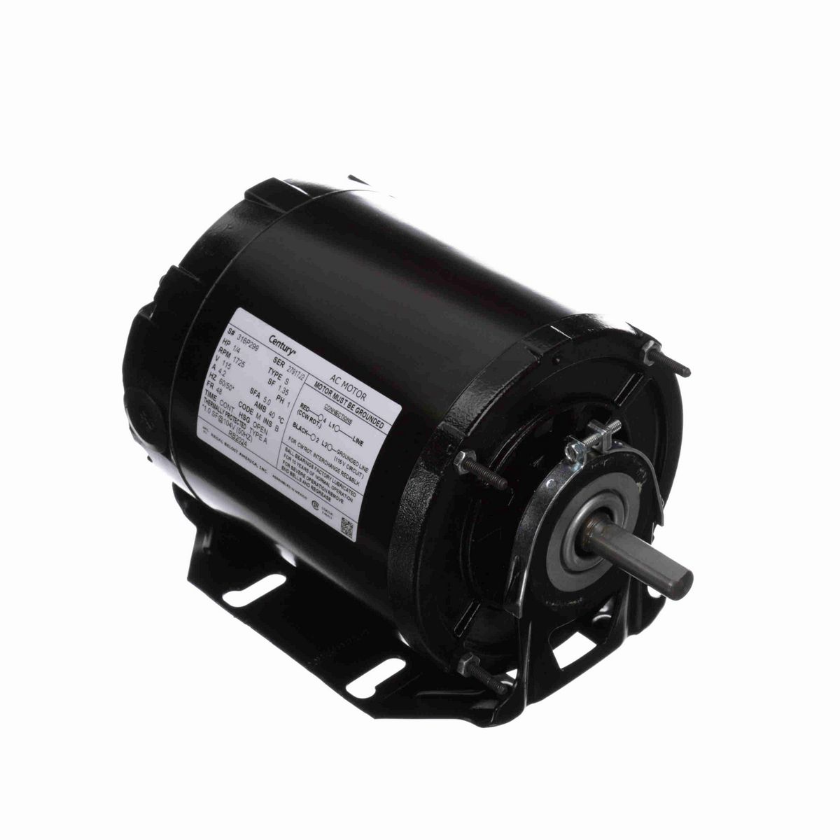 Century Fan and Blower Motor, 1/4 HP, 1 Ph, 60/50* Hz, 115 V, 1800 RPM, 48 Frame, OPEN - RB2024
