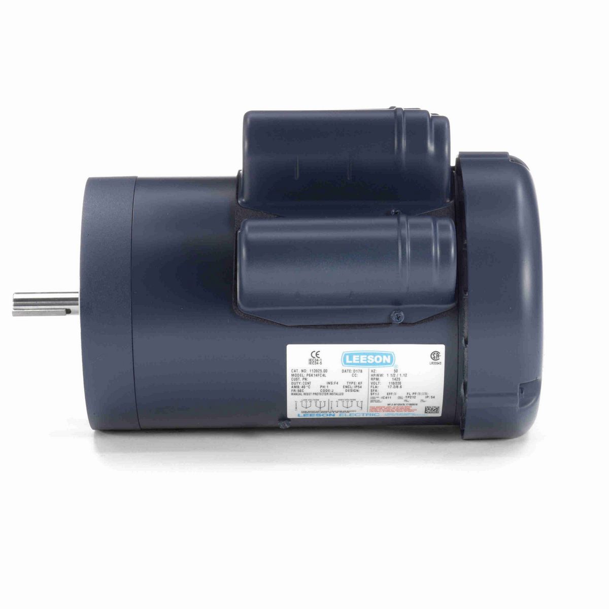 LEESON Special Voltage Motor, 1.50 HP, 1 Ph, 50 Hz, 110/220 V, 1500 RPM, 56C Frame, TEFC - 113925.00