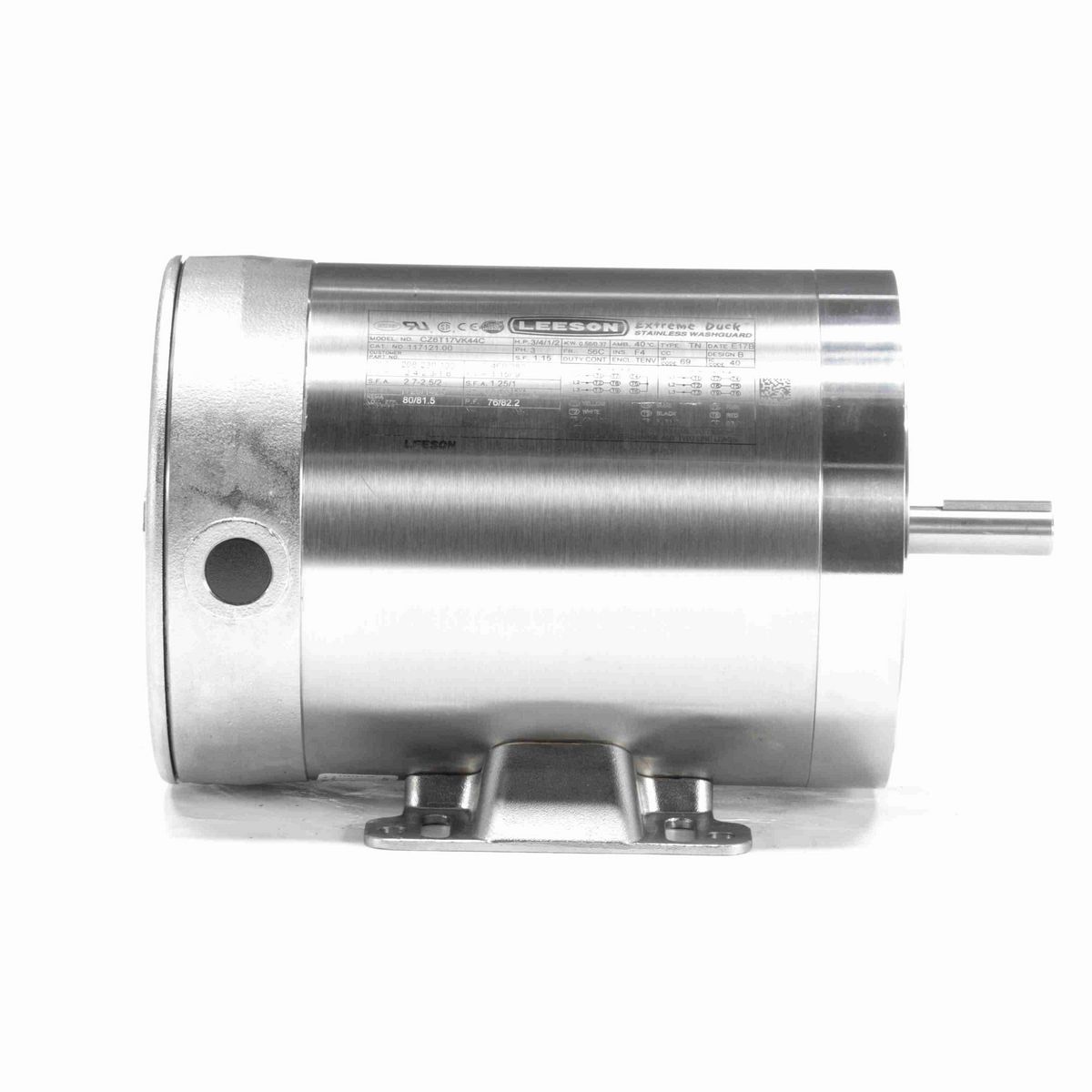 LEESON Extreme Duck® Ultra General Purpose Motor, 0.75 & 0.50 HP, 3 Ph, 60 & 50 Hz, 230/460 & 190/380 V, 1800 & 1500 RPM, 56C Frame, TENV - 117121.00