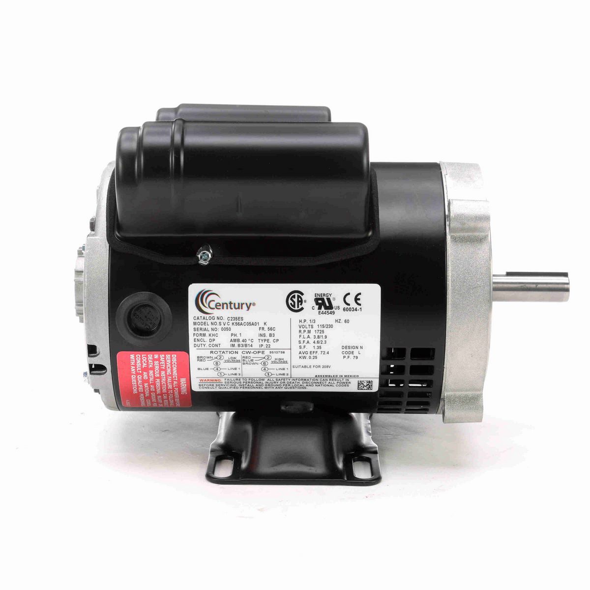Century General Purpose Motor, 1/3 HP, 1 Ph, 60 Hz, 115/230 V, 1800 RPM, 56C Frame, DP - C235ES