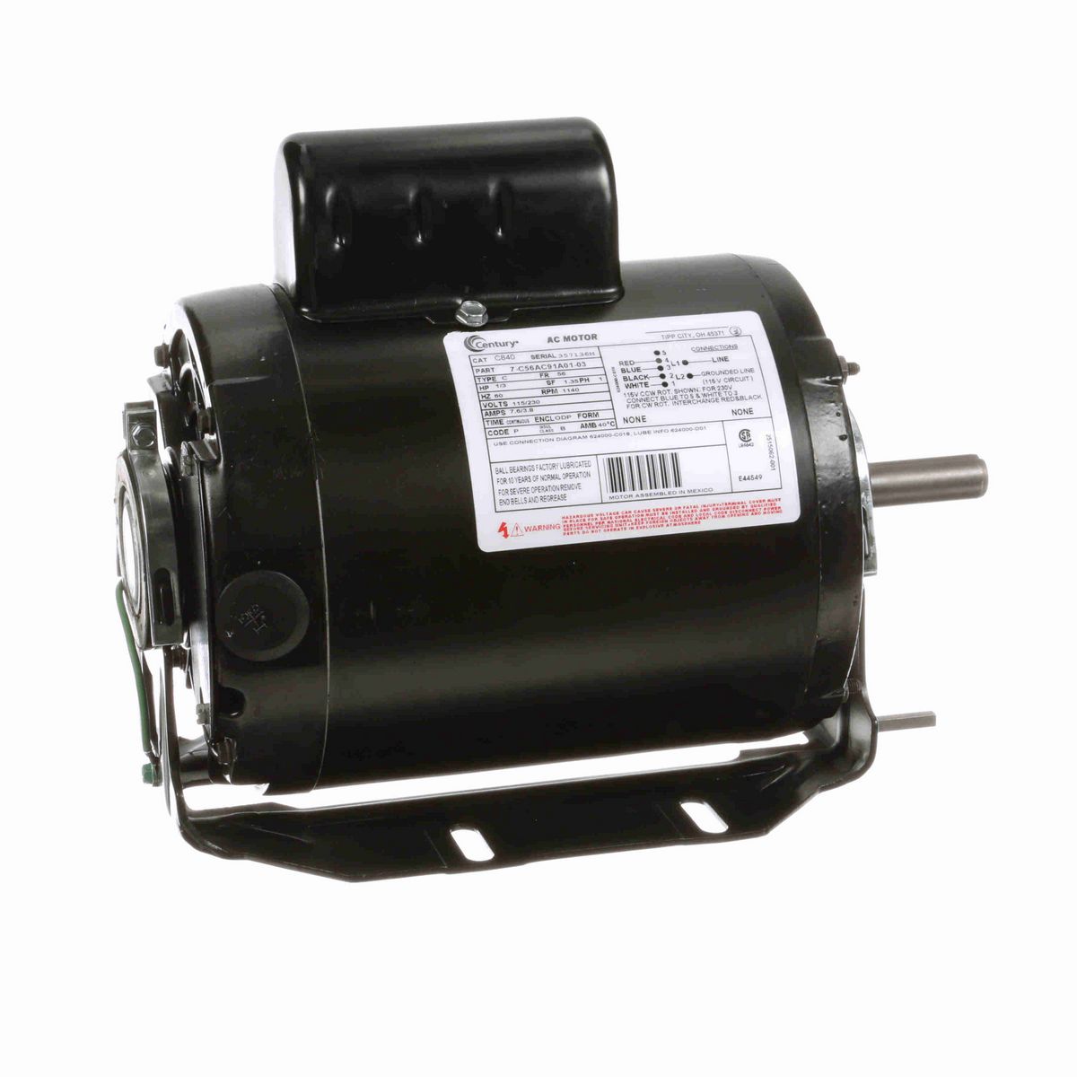 Century General Purpose Motor, 1/3 HP, 1 Ph, 60 Hz, 115/230 V, 1200 RPM, 56 Frame, ODP - C840