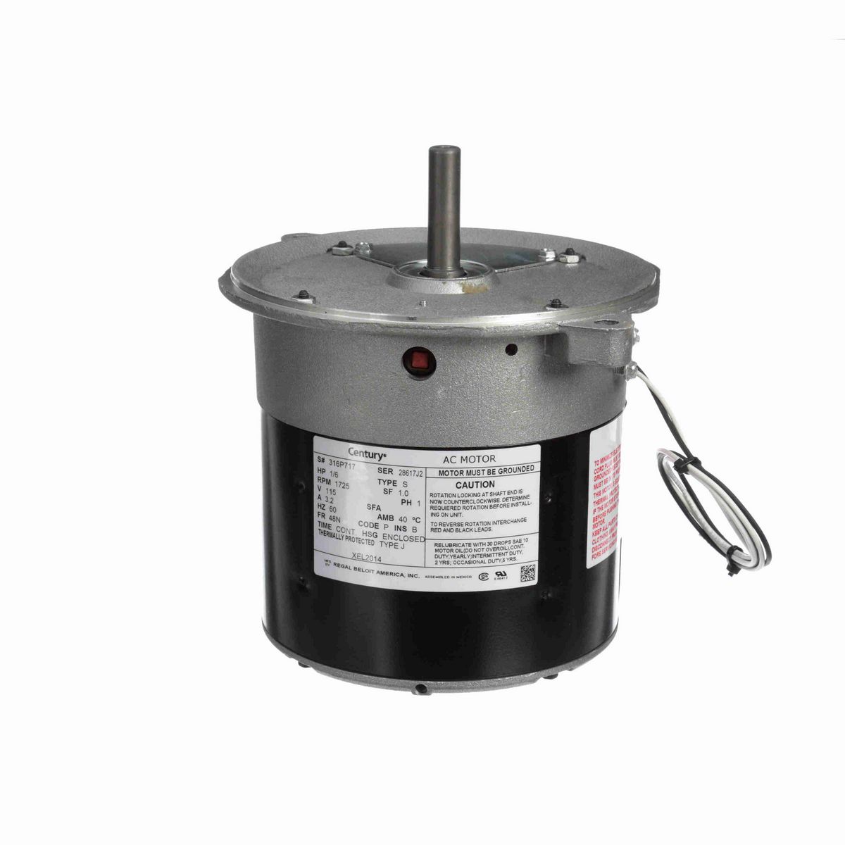 Century Definite Purpose Motor, 1/6 HP, 1 Ph, 60 Hz, 115 V, 1800 RPM, 48N Frame, ENCLOSED - XEL2014